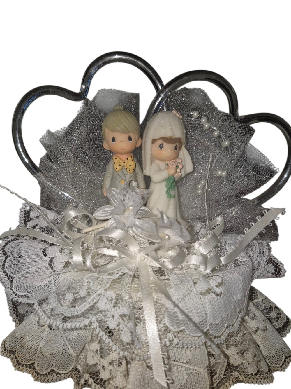 Precious Moments Bride and Groom Figurine Cake Topper in White and Silver